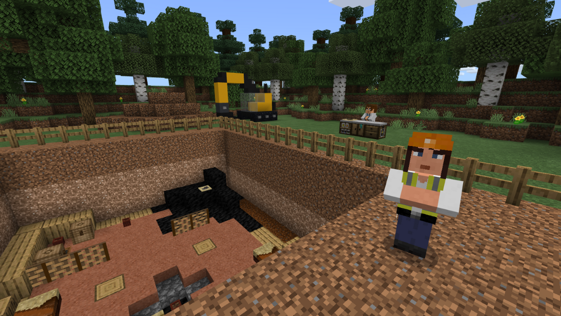 A Minecraft scene showing a female character in uniform digging into the ground. Trees and machinery in the background.