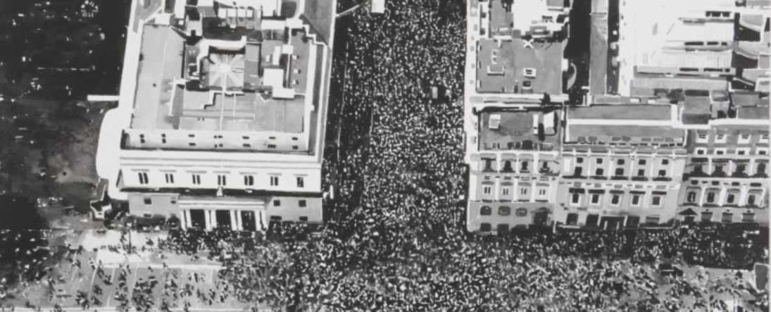 Black and white photograph of protest crowd in response to Brexit in London