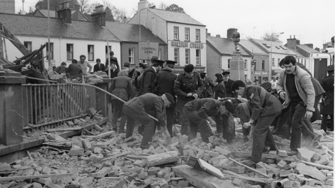 Black and white photograph of Enniskillen bomb