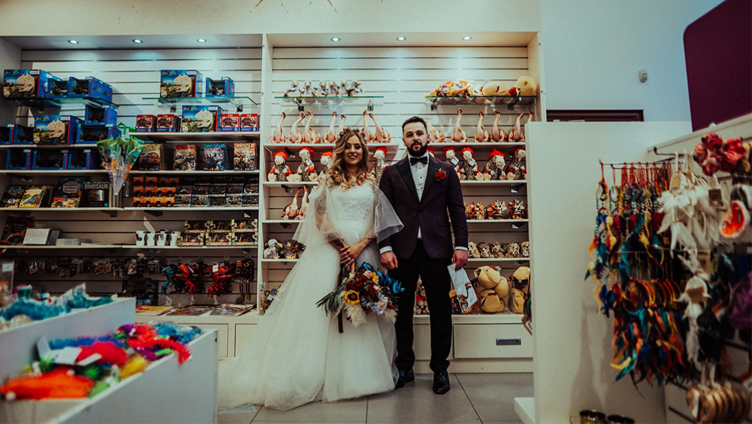Bride and groom in the Museum Shop