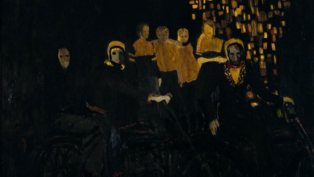 Black and gold painting by Catherine McWilliams, Girls and Motorbikes, 1973