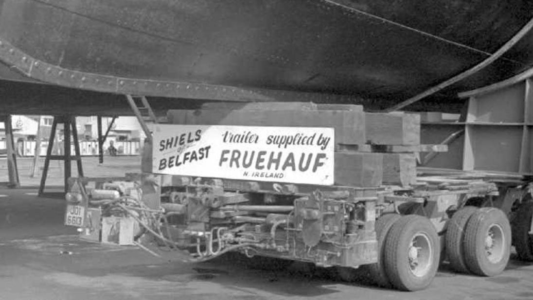 Close up of haulage suppliers’ sign on the trailer. SHIELS of BELFAST trailer supplied by FRUEHAUF N. Ireland.