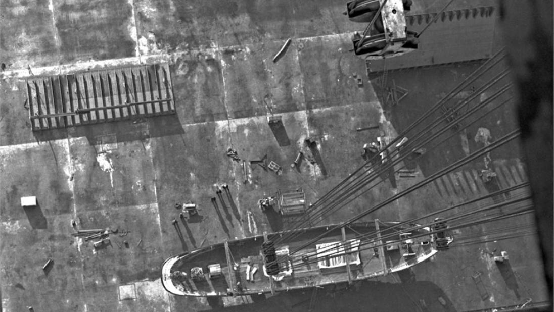 Photograph taken from the top of the Samson crane looking down on Result being lifted.