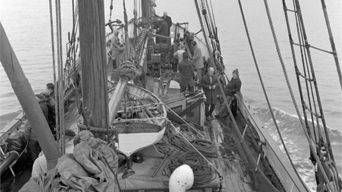 Result sailing towards Belfast on her final sea voyage, black and white photograph