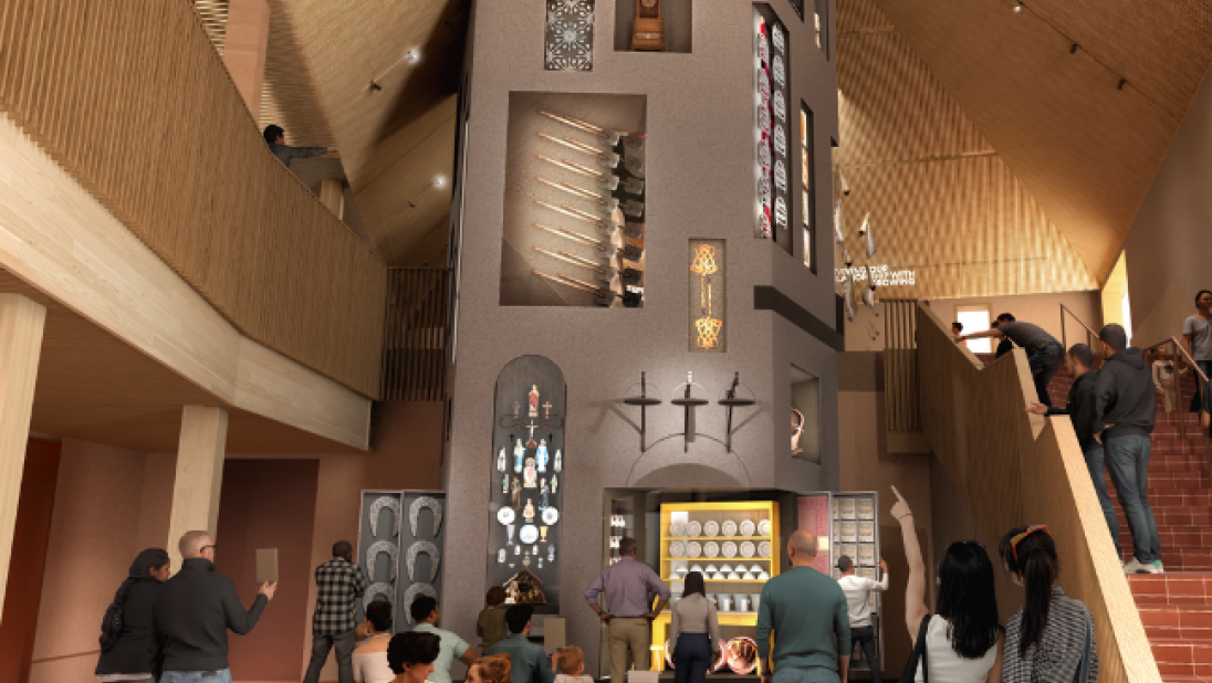 An artist's digital rendition of a welcome centre lobby. In the background is a large display case stretching from floot to ceiling, resembling a hearth/chimney.