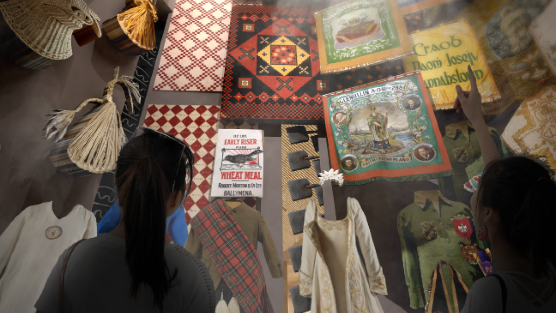 An artists digital rendition of people standing before a very large, tall display case. The display case is packed with items such as quilts, masks, banners and clothes that represent Ulster's diverse and shared hisory.