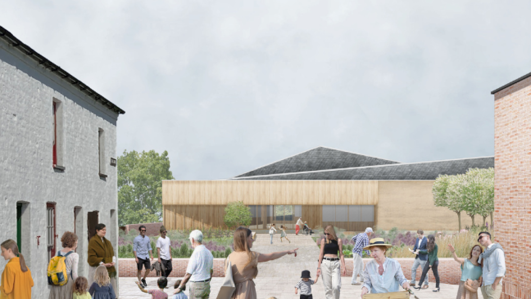An artist's rendition of a welcome centre. We see the building from the angle of being inside of the folk museum. The buildng looks eco-friendly yet modern.