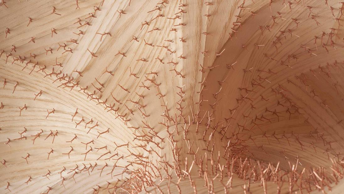 Close up of Untitled sculpture by Heechan Kim, made of ash wood and copper wire