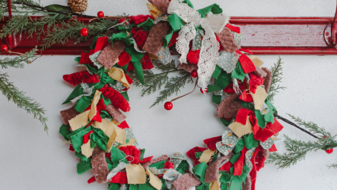 A green red and yellow rag wreath 