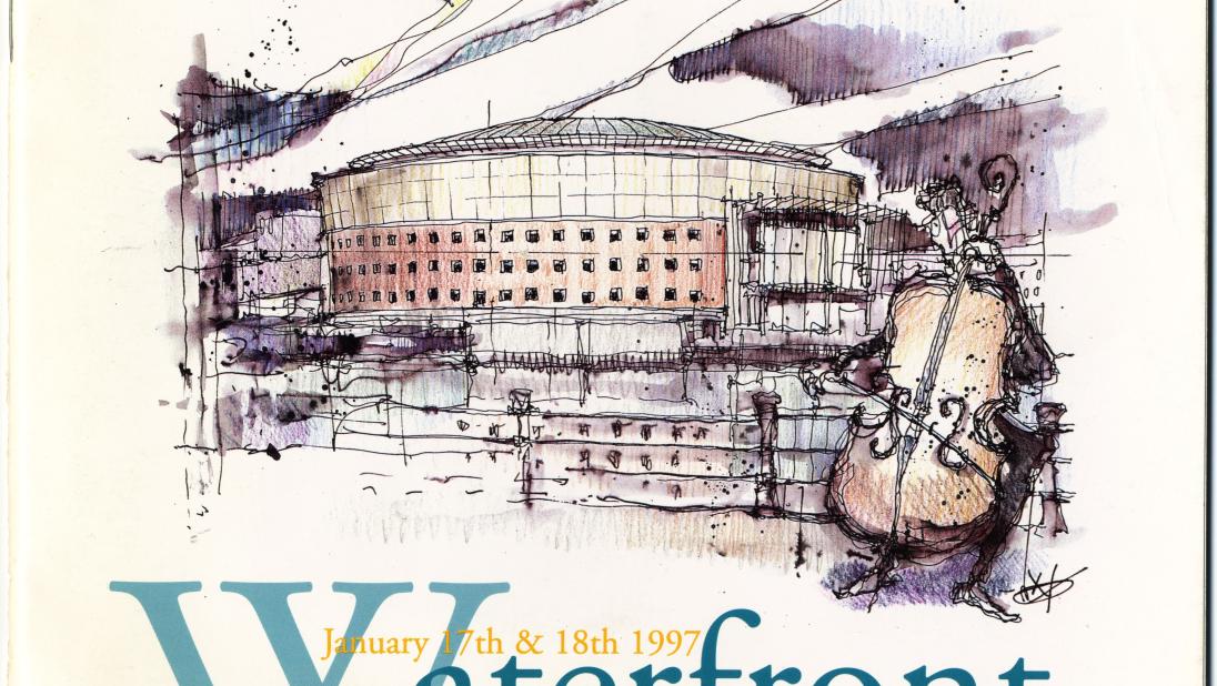 The Waterfront Hall opening leaflet featuring an illustration of the building and orchestra player to the right side