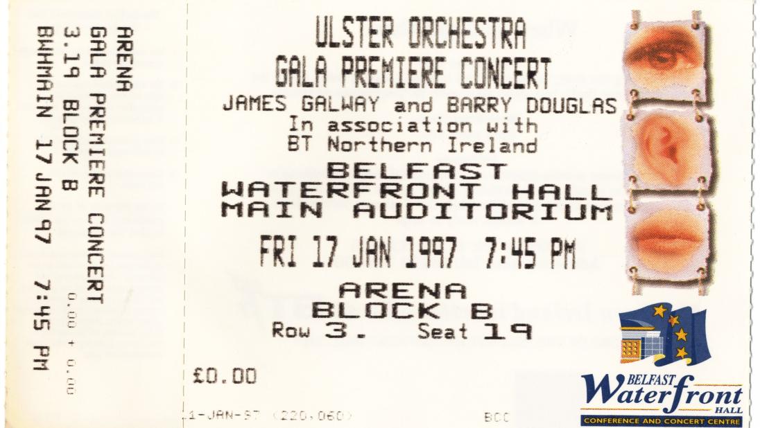 Ticket to The Waterfront Hall opening in 1997