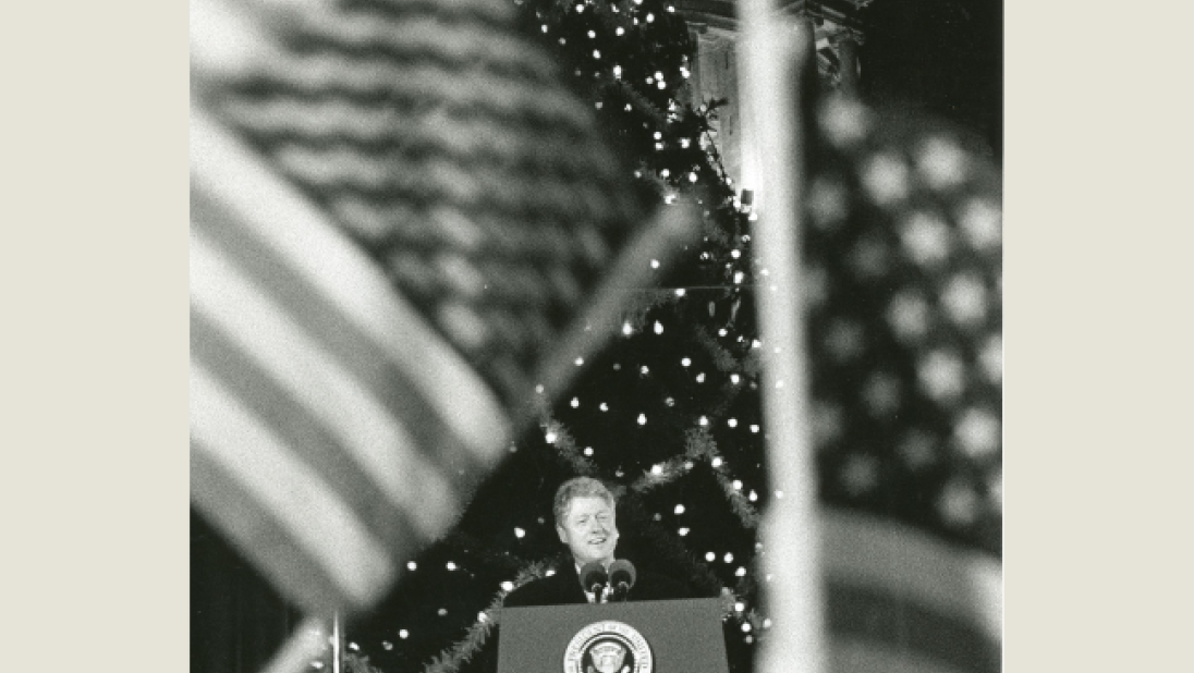 Black and White photograph of Bill Clinton at Belfast City Hall during Christmas