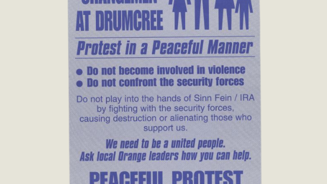 Light blue and dark blue print poster 'Support the orangemen at Drumcree'