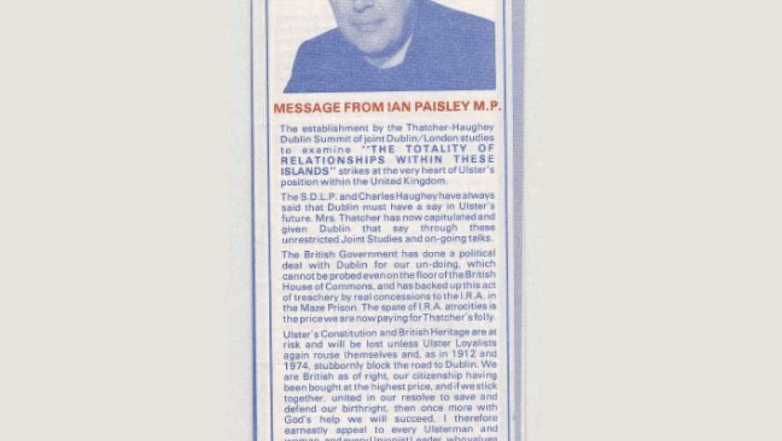 Newspaper clipping of Iain Paisley 'Ulster in Danger'