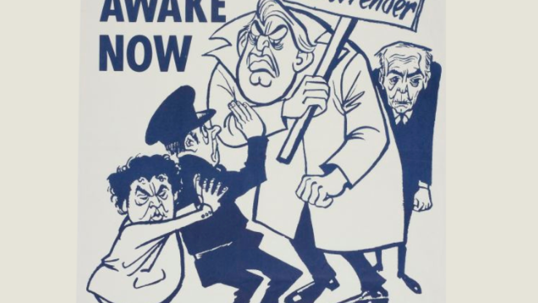 Cartoon illustration of Iain Paisley 'Ulster Awake Now, No Surrender'