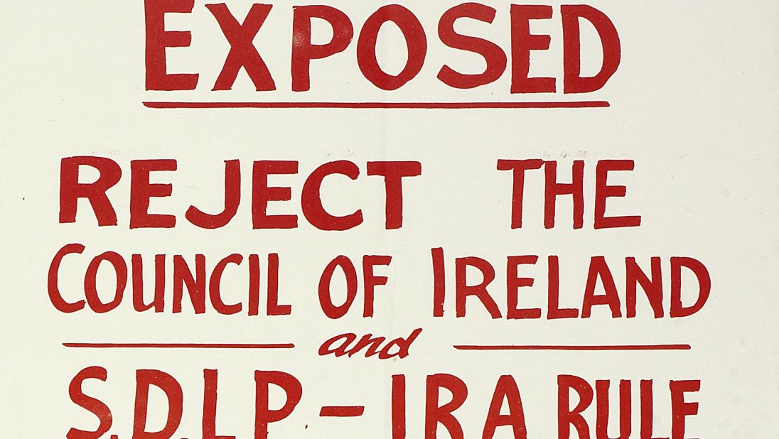 Poster produced by the anti-Sunningdale Agreement unionist umbrella organisation the United Ulster Unionist Council in early 1974. 'Petition Signing Centre,' printed red on white.