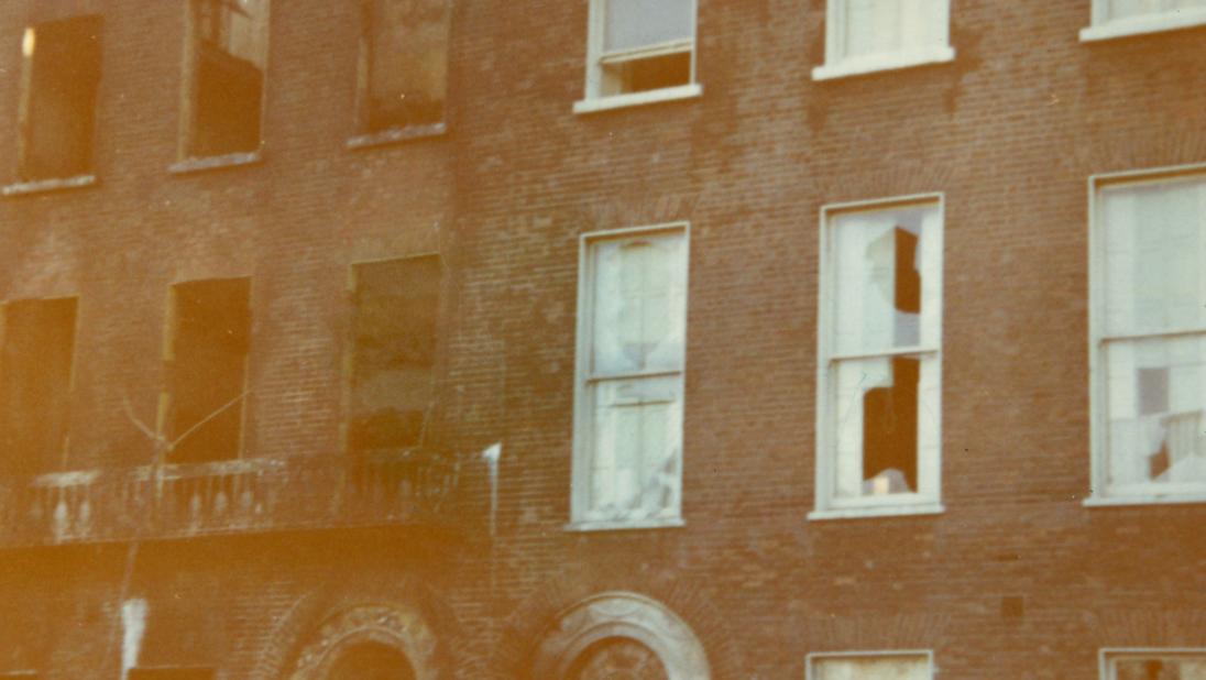 Coloured photograph of ruins of the British Embassy on Merrion Square, Dublin, after it was burned dow in response to the Bloody Sunday shooting in Derry