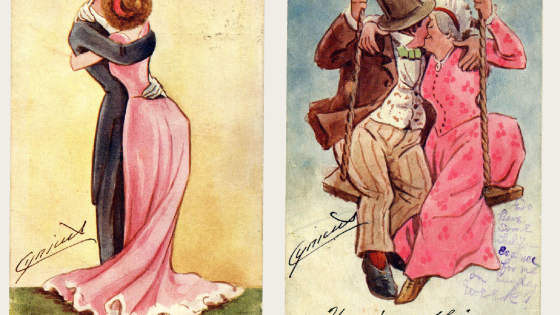 Two postcards featuring lovers embracing.