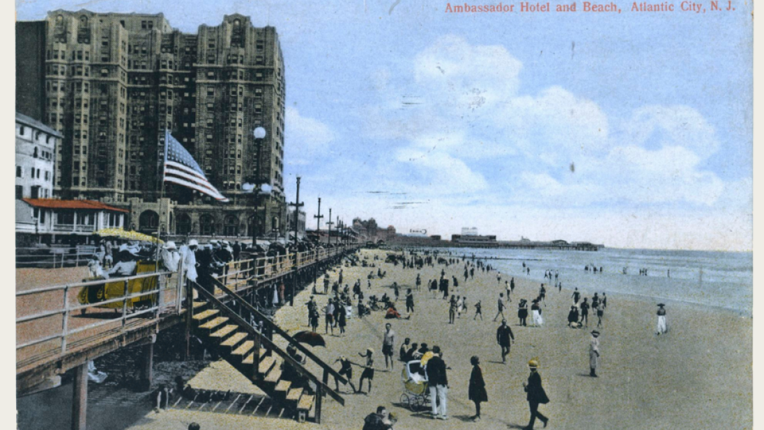 A postcard with a beachscape of Atlantic City. 