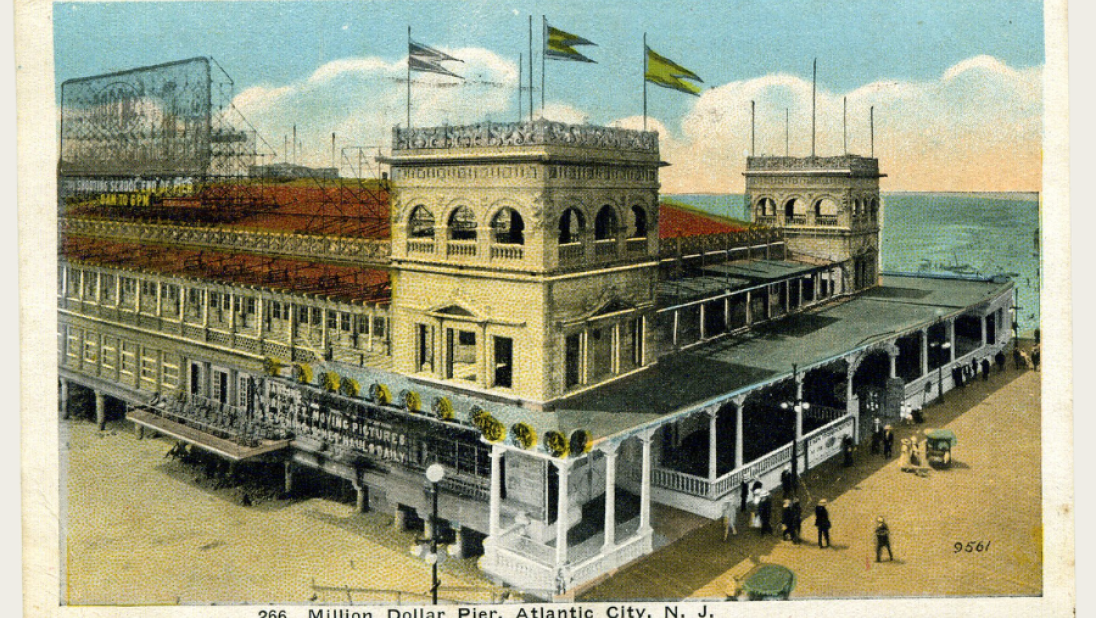 A postcard with a beachscape of Atlantic City. 