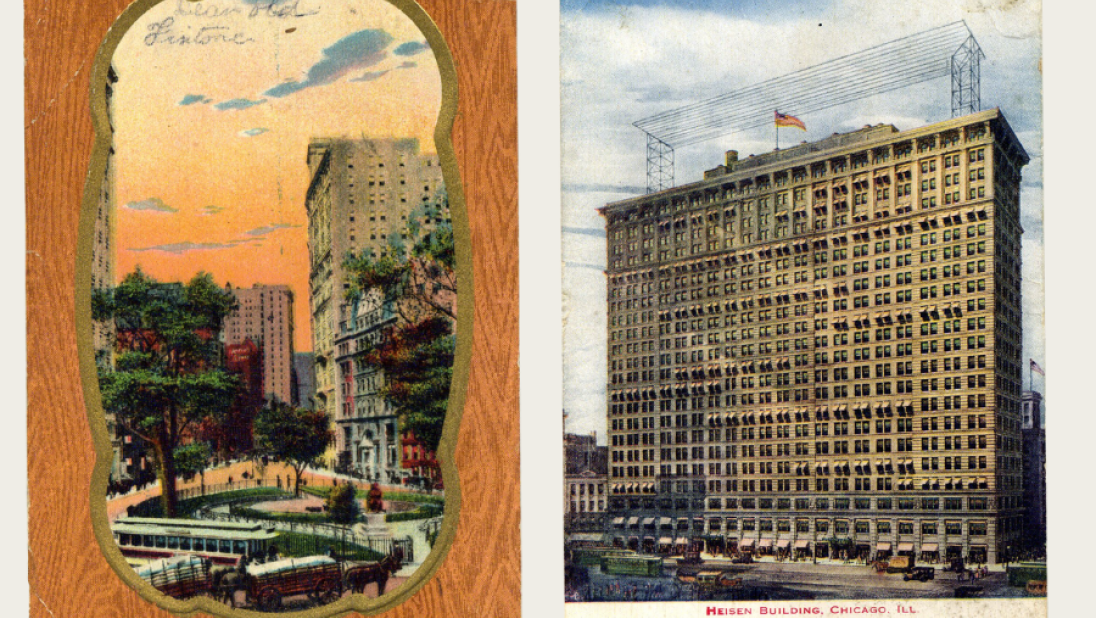 Two postcards featuring the high rises of New York and Chicago.