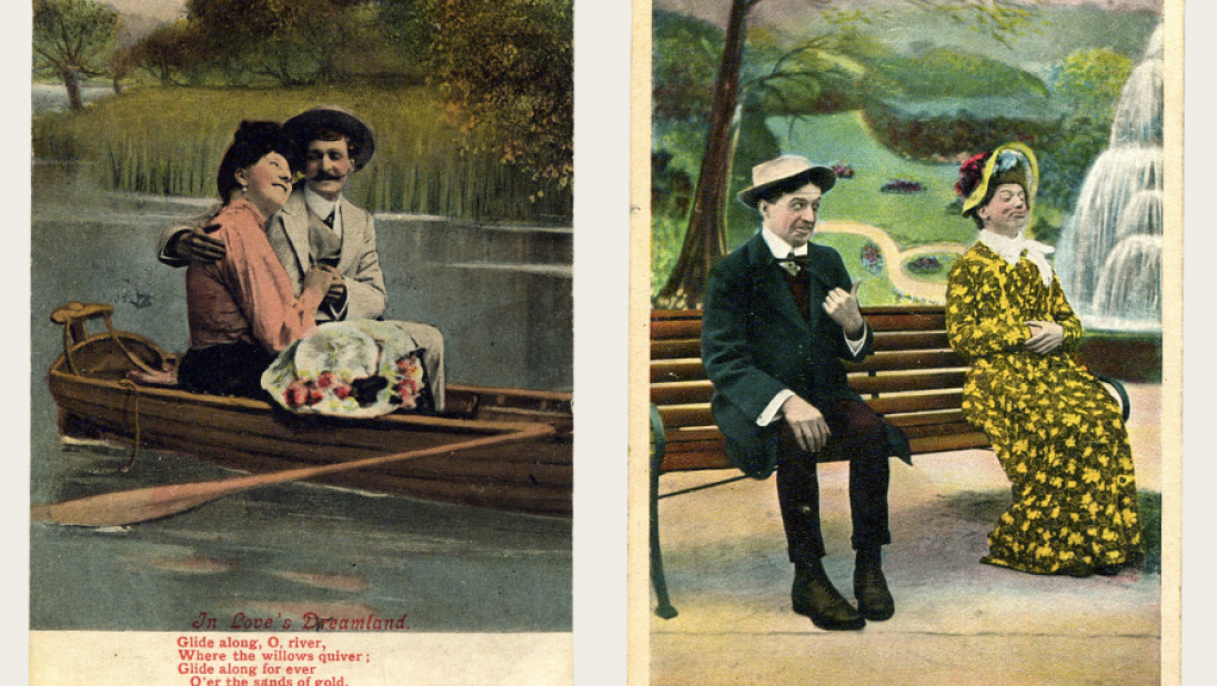 Two postcards featuring lovers sitting on benches. 