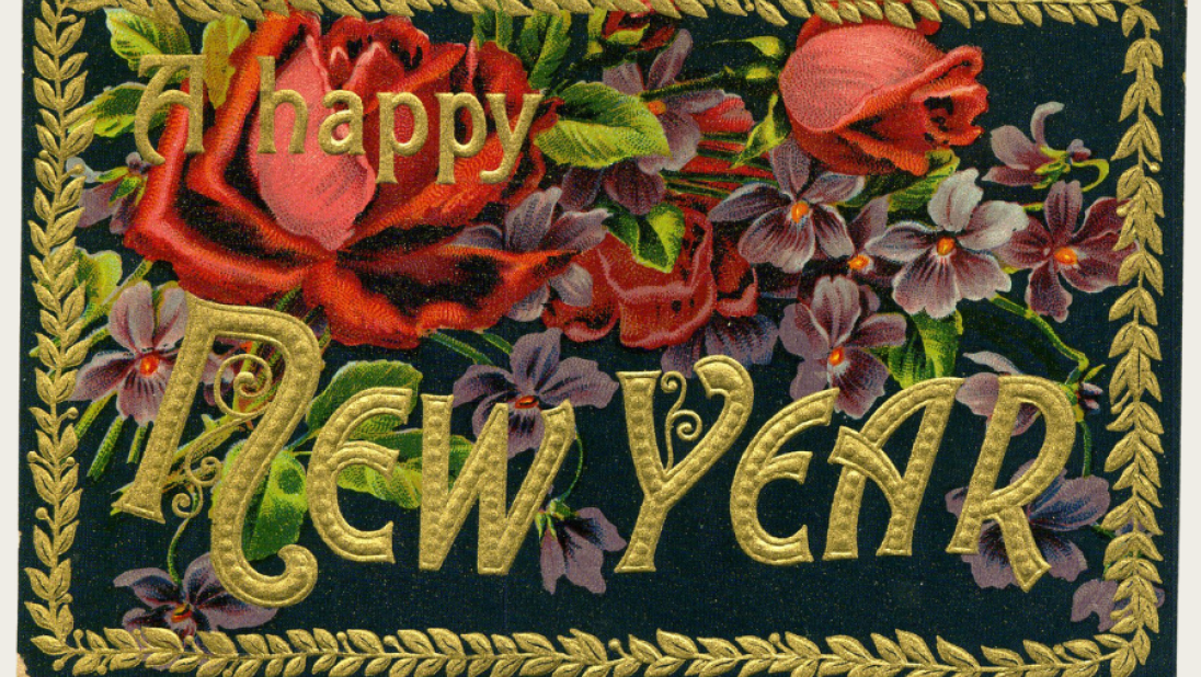 A bright postcard reading 'Happy New Year'.