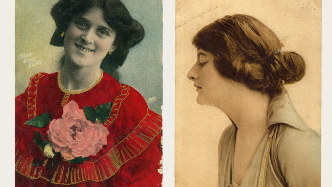 Two postcards featuring a woman. 