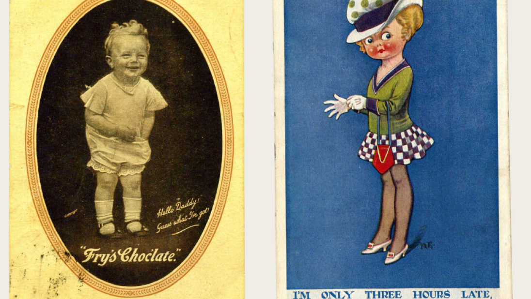 Two postcards; on the left, an advertisement for chocolate. On the right, a humourous drawing of a toddler dressed up fancy.