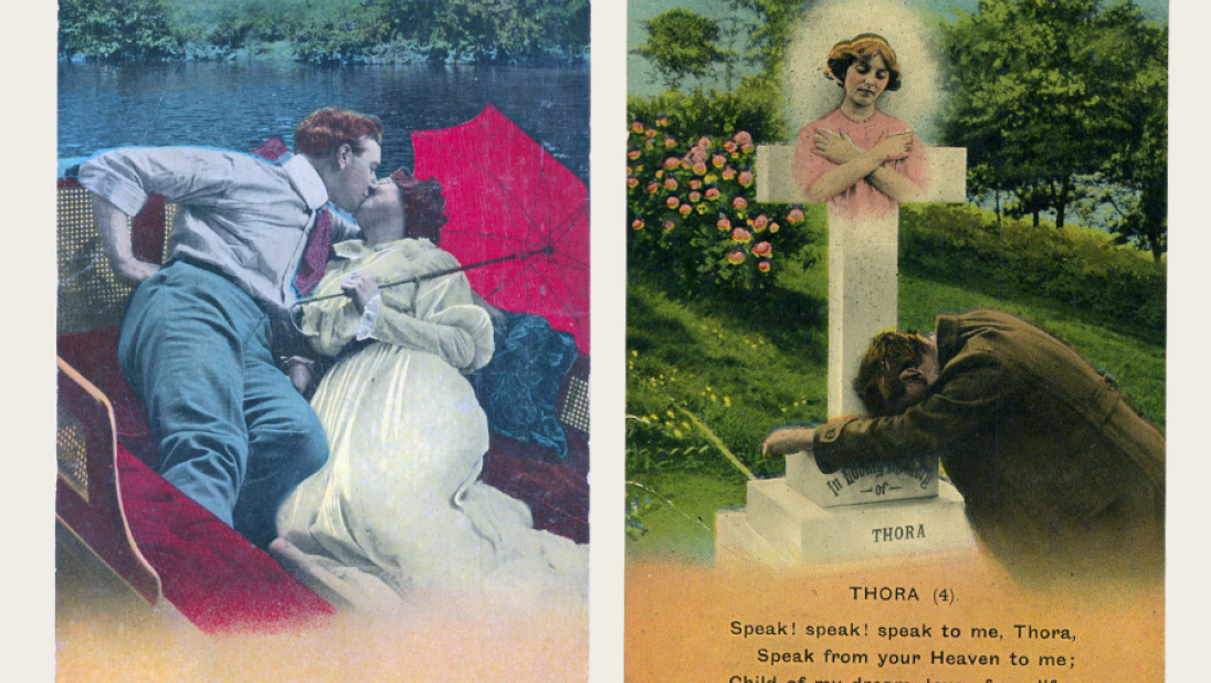 Two postcards; on the right, a couple embracing. On the left, a man lies at the foot of a grave. 