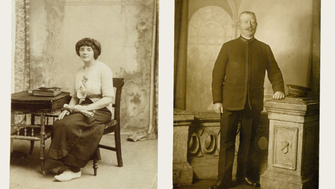 Two black and white postcards. The first features a young women sitting on a chair. The second is a man standing up, wearing a subtle uniform.