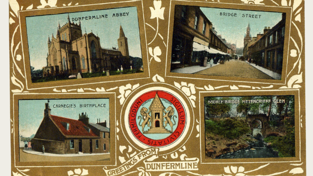 A postcard from Dunfermline with illustrations of landmarks.