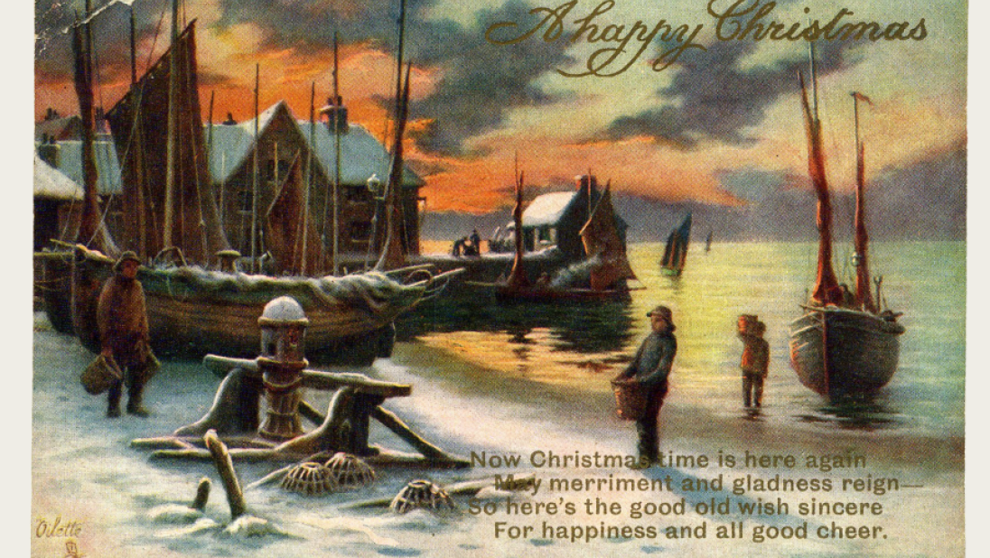 A postcard with a wintry scene of a bay. There are ships docked, and snow on the ground.