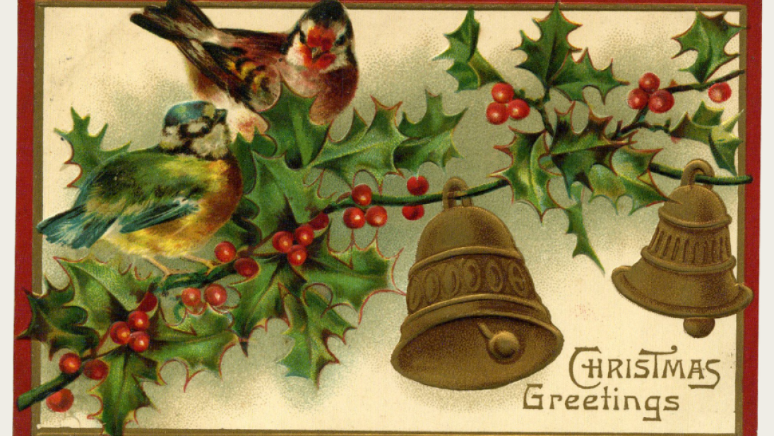 A Christmas postcard with holly, bells, and a robin.