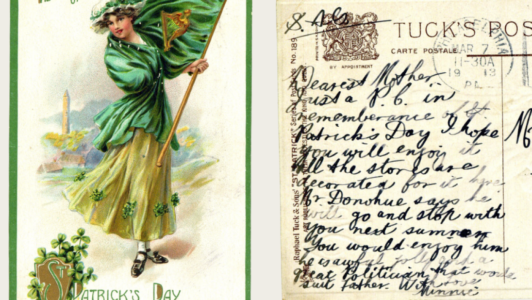 A St Patrick's day postcard with a woman holding a flag. 