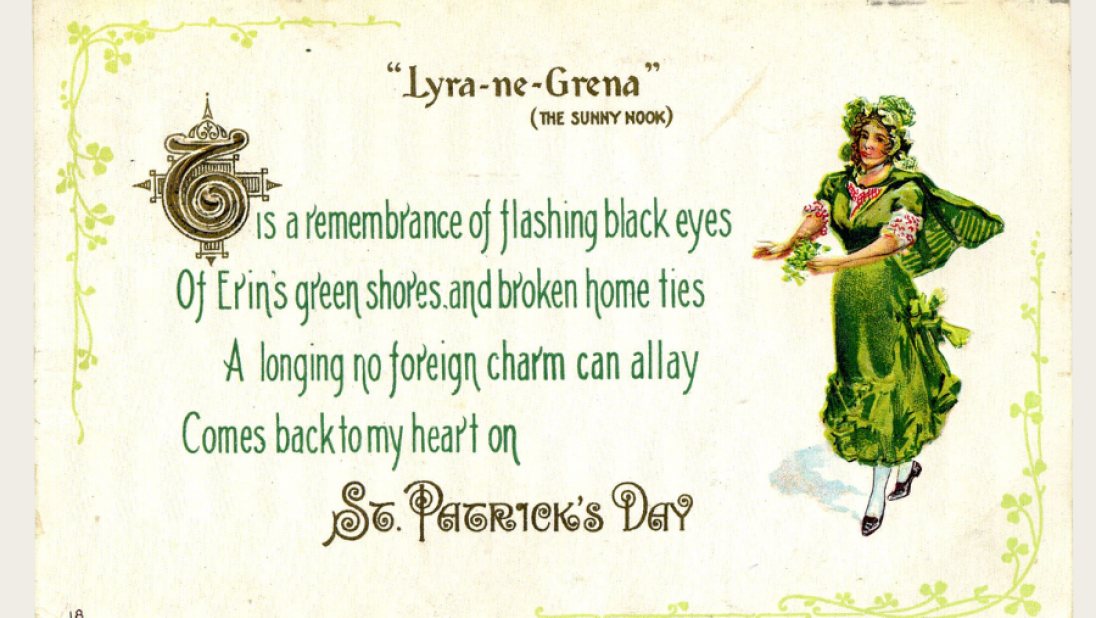 A St Patrick's day postcard  with a woman dressed in green.