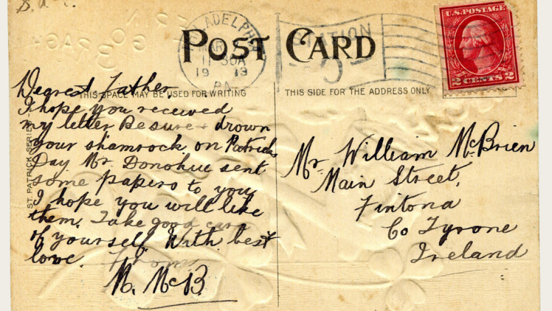 A St Patrick's day postcard from a son to his father, reminding him to drown the shamrock. 