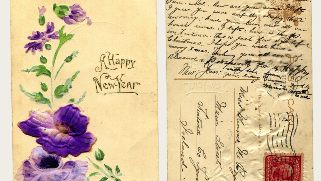 The front and back of a New Year's postcard with well wishes for the New Year.