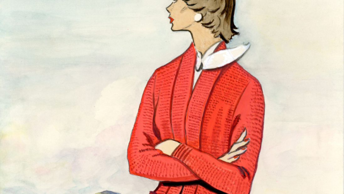 An illustration of a woman modelling a red cardigan.