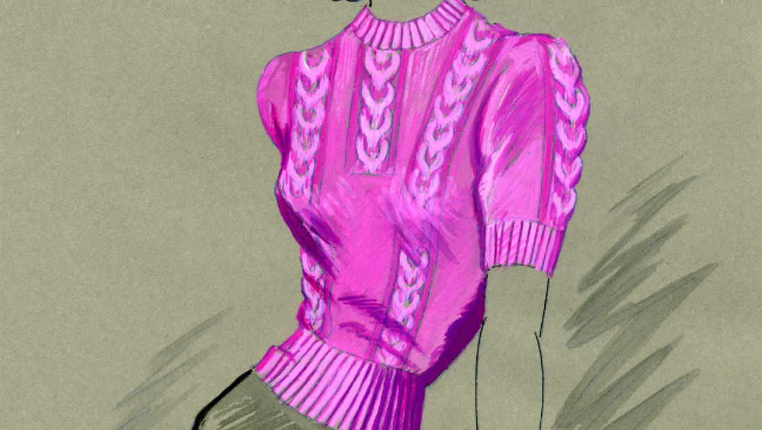 A fashion illustration of a woman in a bright pink jumper.