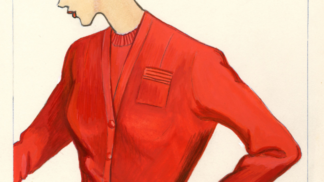 An illustration of a woman modelling a red cardigan.