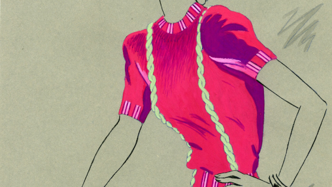 A fashion illustration of a woman in a bright red jumper.