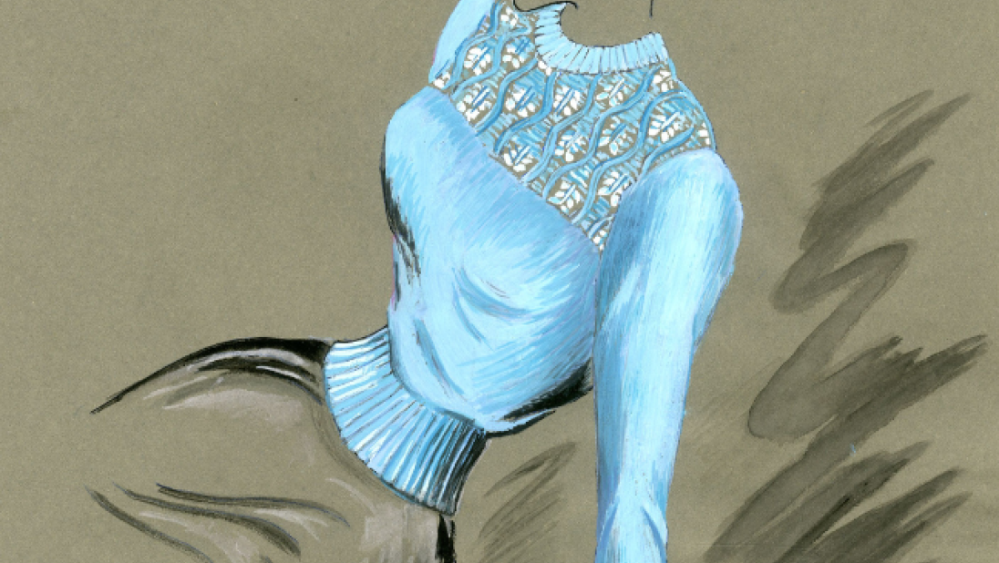 A fashion illustration of a woman in a light blue jumper.