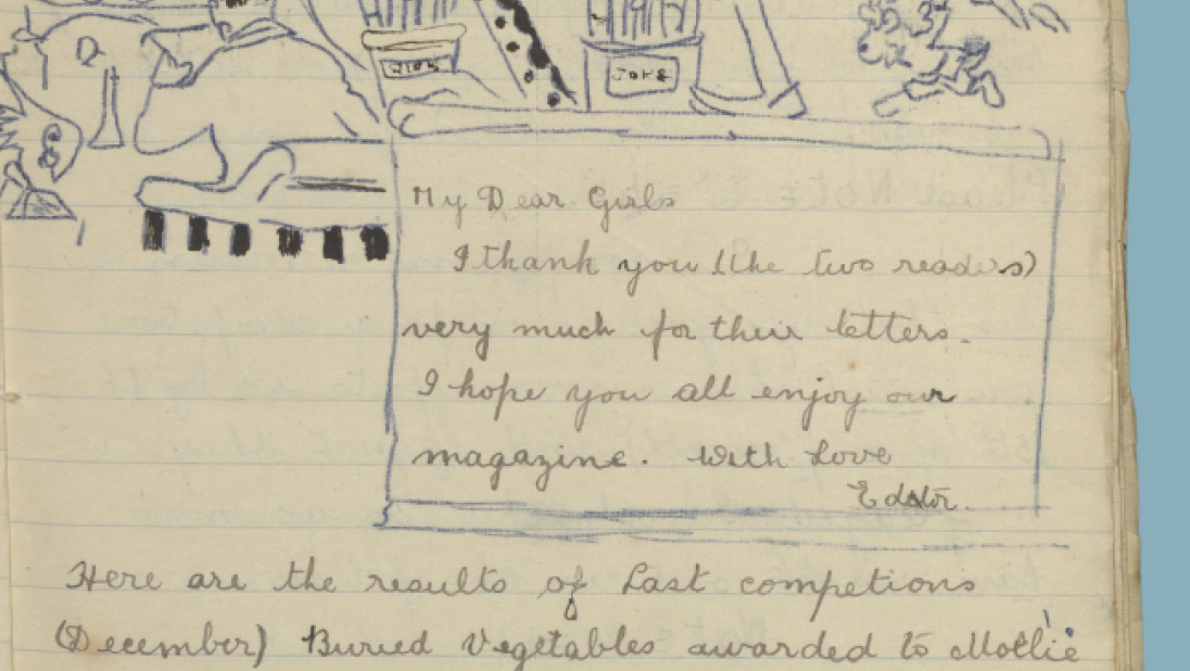 A scan of a homemade magazine showing the editor's page. The editor is thanking two girls for their letters.