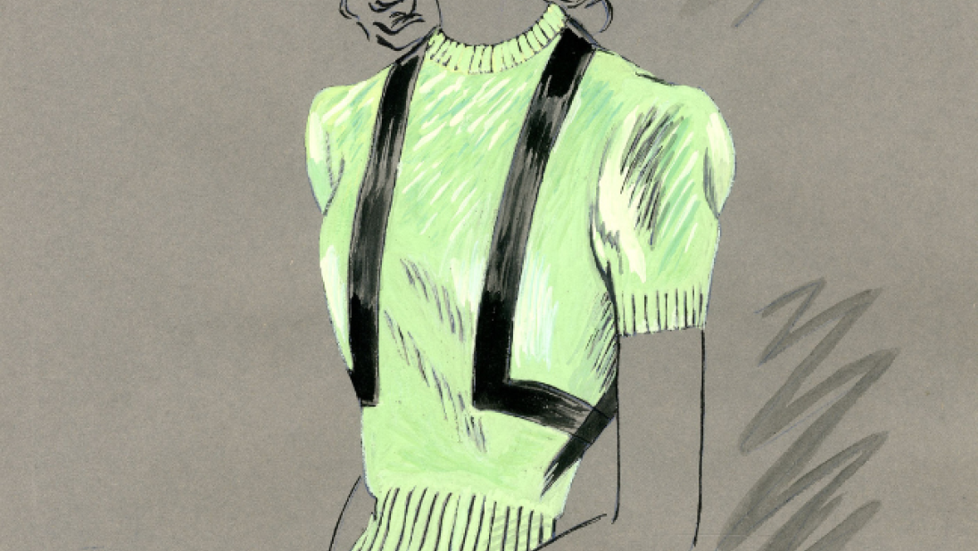 A fashion illustration of a woman in a lime green jumper.