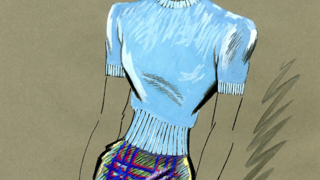 A fashion illustration of a woman in a light blue jumper.