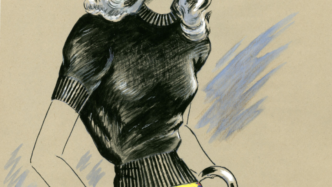 A fashion illustration of a woman in a black jumper and yellow skirt.