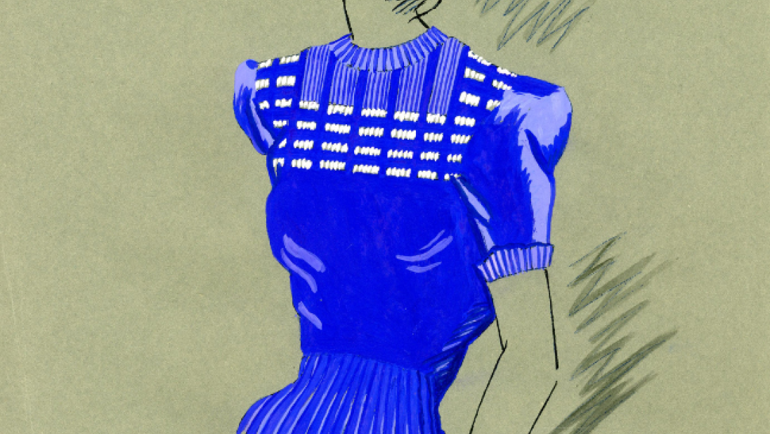 A fashion illustration of a woman in a bright dark blue jumper.