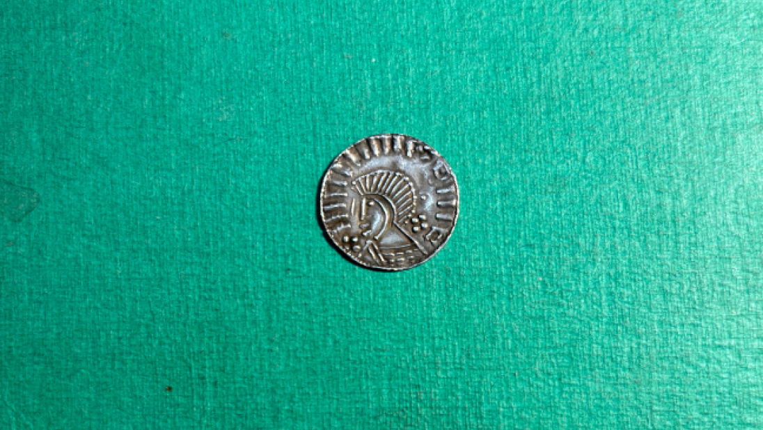 A coin on a green background