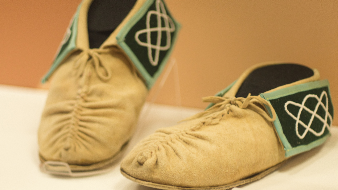 Pictured is a pair of Cherokee pucker toe moccasins. From the Eastern band of Cherokee Indians of the Qualla Boundary, North Carolina, USA.